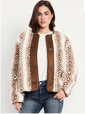 Old Navy Button Front Sherpa Jacket Cream Brown Teddy Western Aztec Women XL